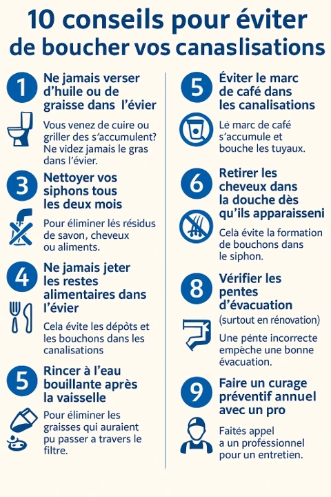 Infographie en français présentant 10 conseils pratiques pour éviter de boucher vos canalisations : ne pas verser de graisse, utiliser une crépine, nettoyer les siphons, éviter les restes alimentaires, le marc de café, rincer à l’eau bouillante, utiliser du vinaigre et du bicarbonate, retirer les cheveux, vérifier la pente des tuyaux et faire un curage préventif annuel avec un professionnel.