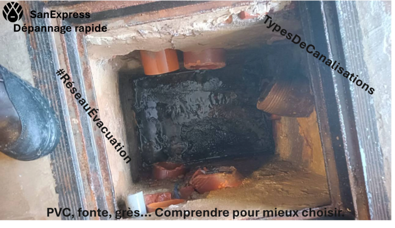 Photo d’un regard de canalisation montrant différents types decanalisation (PVC, grès, fonte), avec le logo SanExpress en haut à gauche, les hashtags #RéseauÉvacuation et #TypesDeCanalisations en diagonale, et le slogan “PVC, fonte, grès... Comprendre pour mieux choisir.” affiché en bas